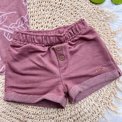 Conj. Camiseta Nature Folhagem e Bermuda em Linho - Bordô